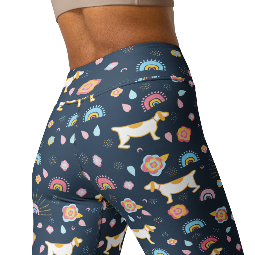Women’s corgi themed buttery soft dark blue high waisted yoga leggings with playful dogs rainbows flowers and hearts pattern
