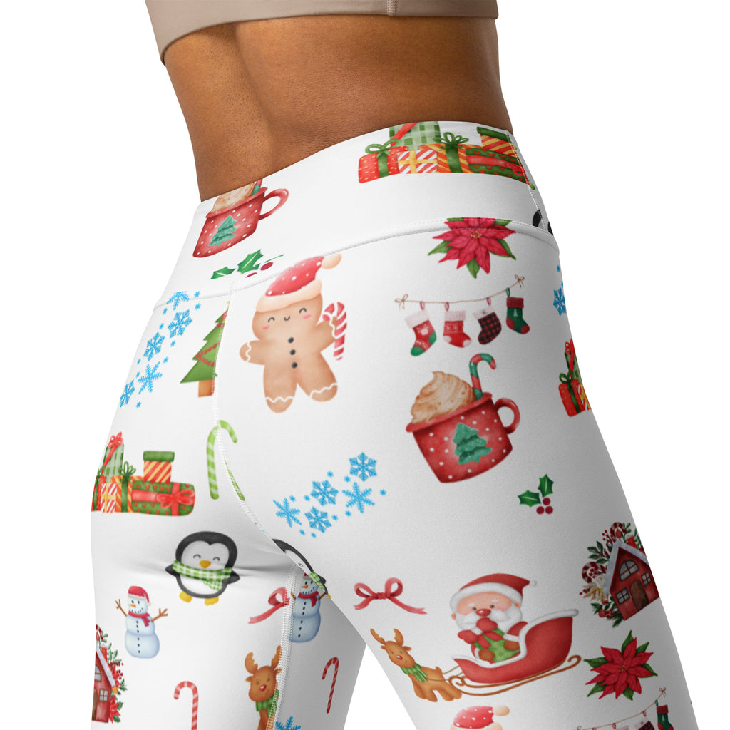 White christmas buttery soft yoga leggings with festive gingerbread men santa claus penguins snowmen candy canes gifts