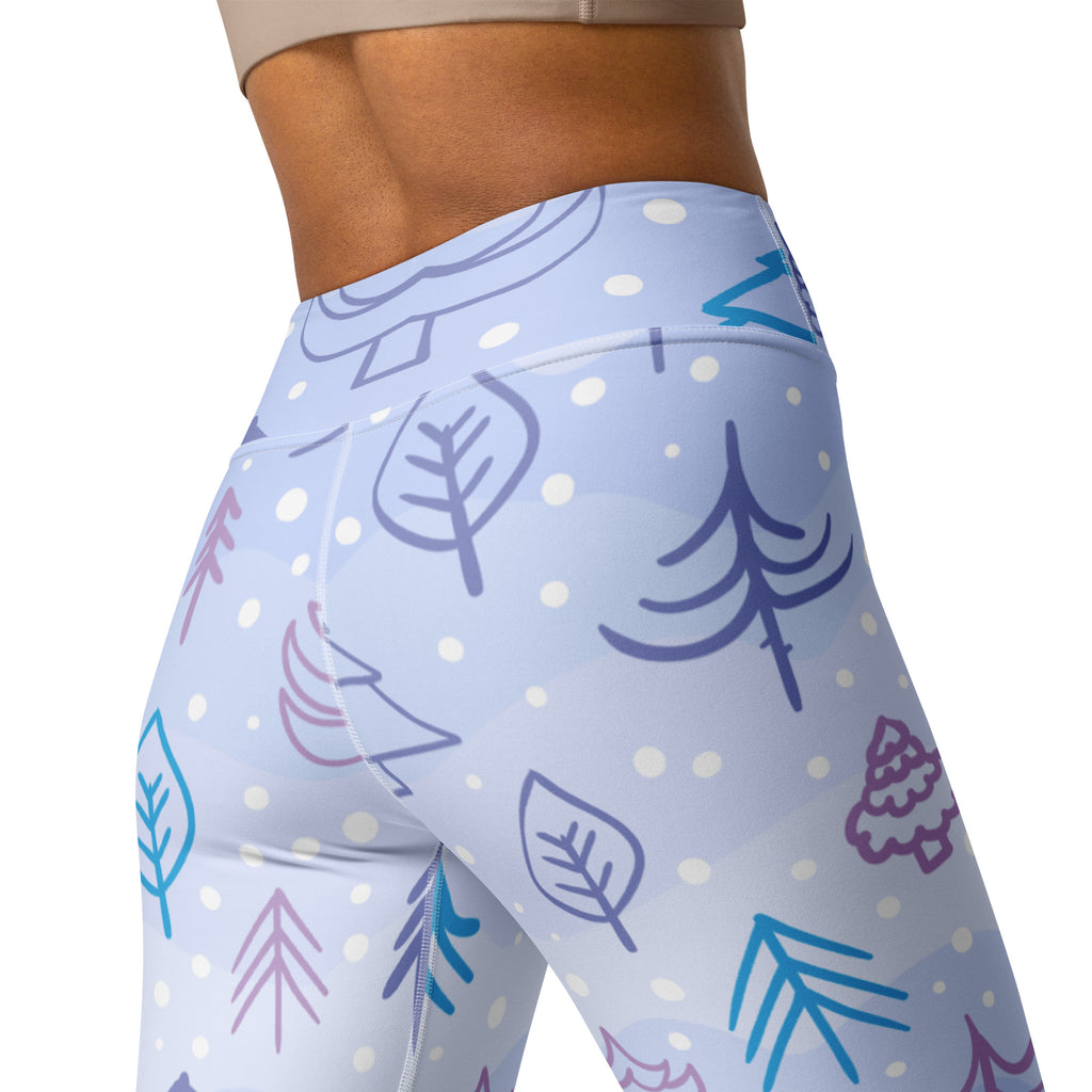 Light blue high-waisted buttery soft yoga leggings with purple teal and pink winter tree leaf and snowflake pattern