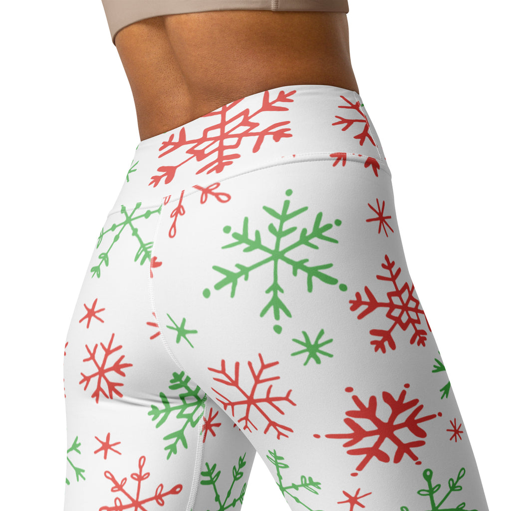 White high waisted buttery soft yoga leggings with a festive red and green snowflake pattern for women