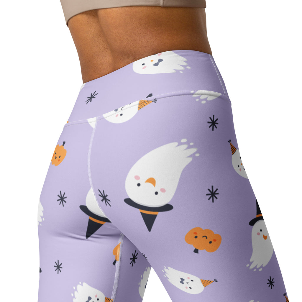 Women’s witch ghost buttery soft yoga leggings in lilac with high waist and cartoon ghost pumpkin star pattern