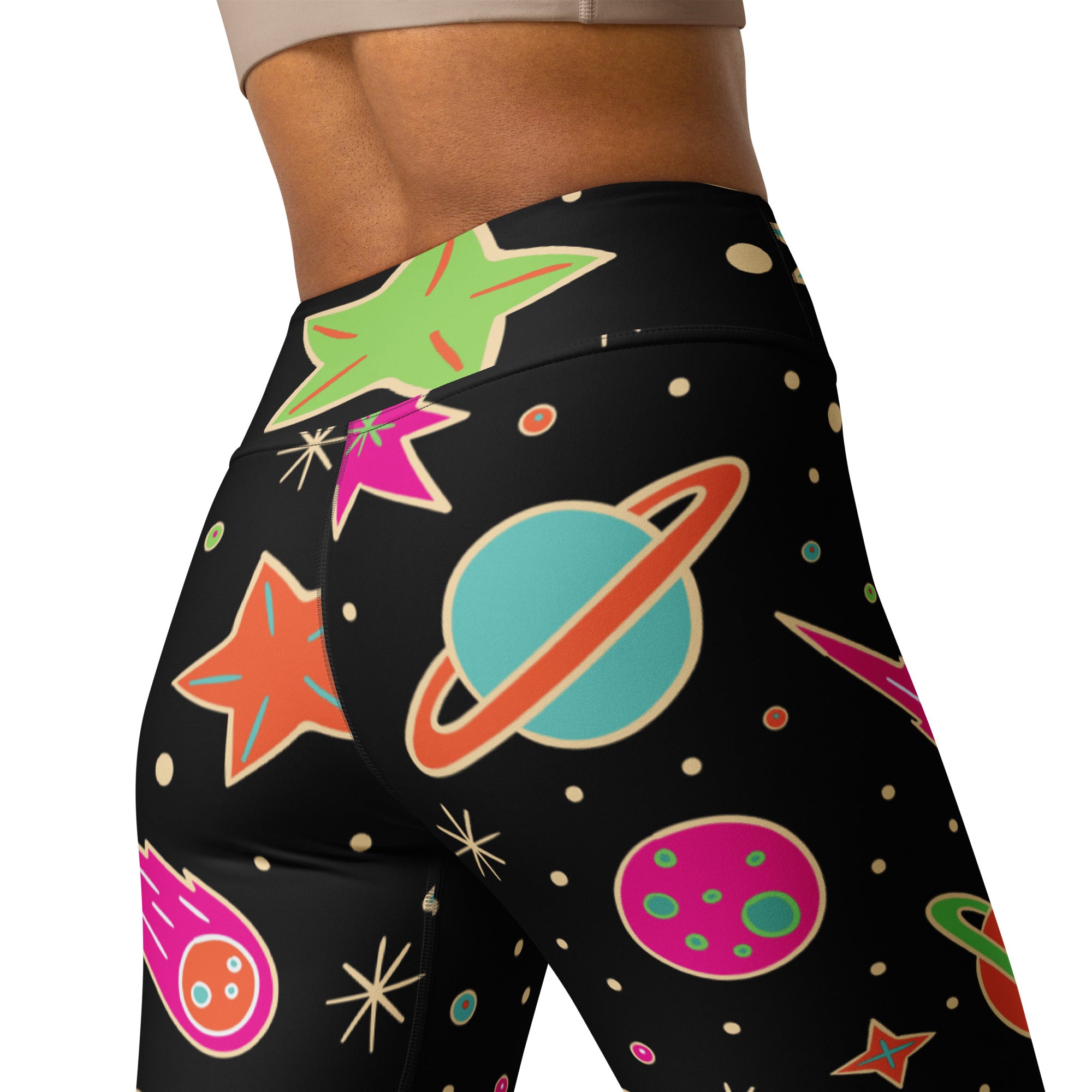 Black high-waisted women’s neon galaxy buttery soft yoga leggings with vibrant neon stars planets and comets print