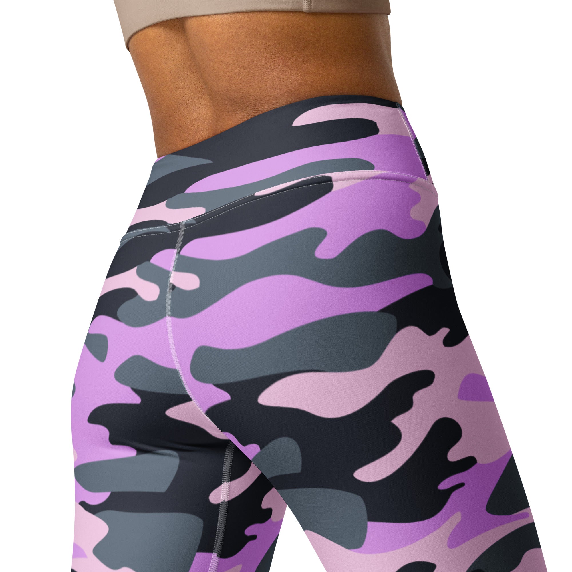 Women’s purple and black camouflage high-waisted buttery soft yoga leggings shown from the back side
