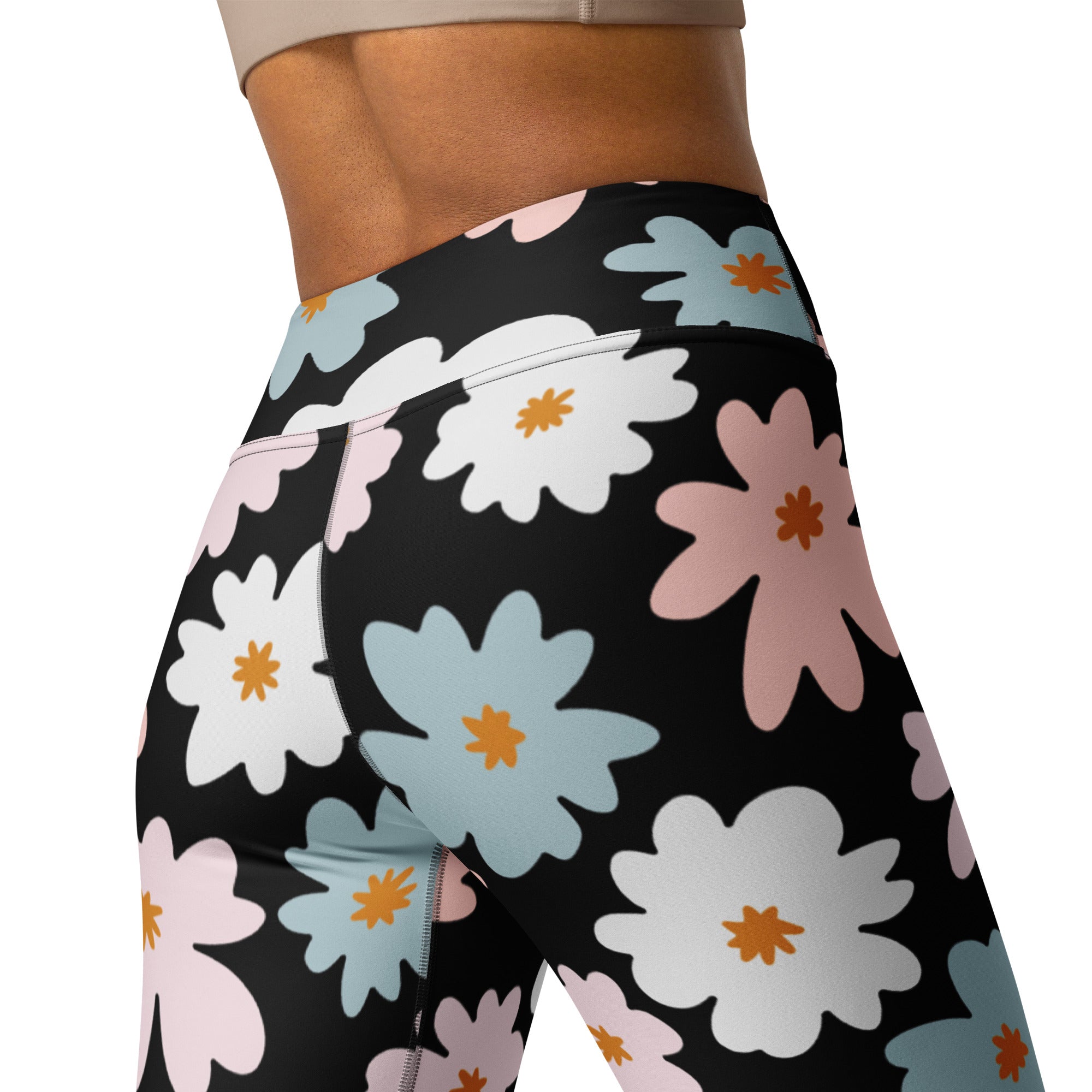 Black high-waisted women’s retro floral buttery soft yoga leggings with oversized white pink and light blue flowers