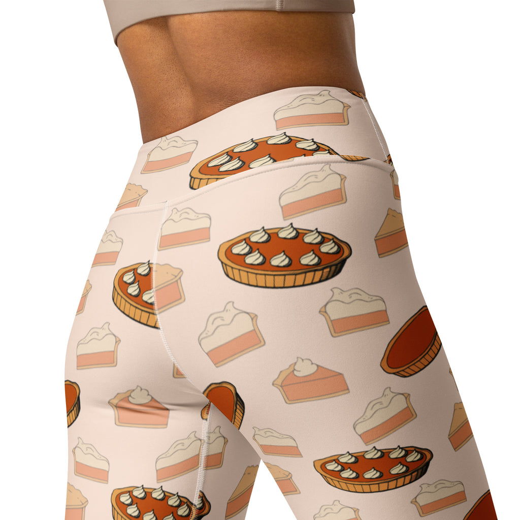 Women’s cream-colored buttery soft yoga leggings with pumpkin pie pattern in warm orange brown and white tones