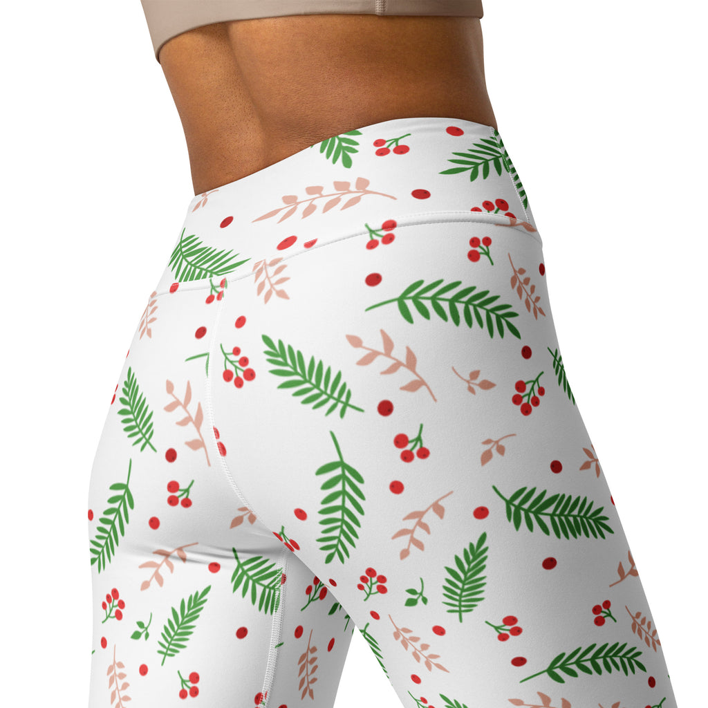White buttery soft leggings with green ferns pink leaves and red berries festive pattern for women winter yoga