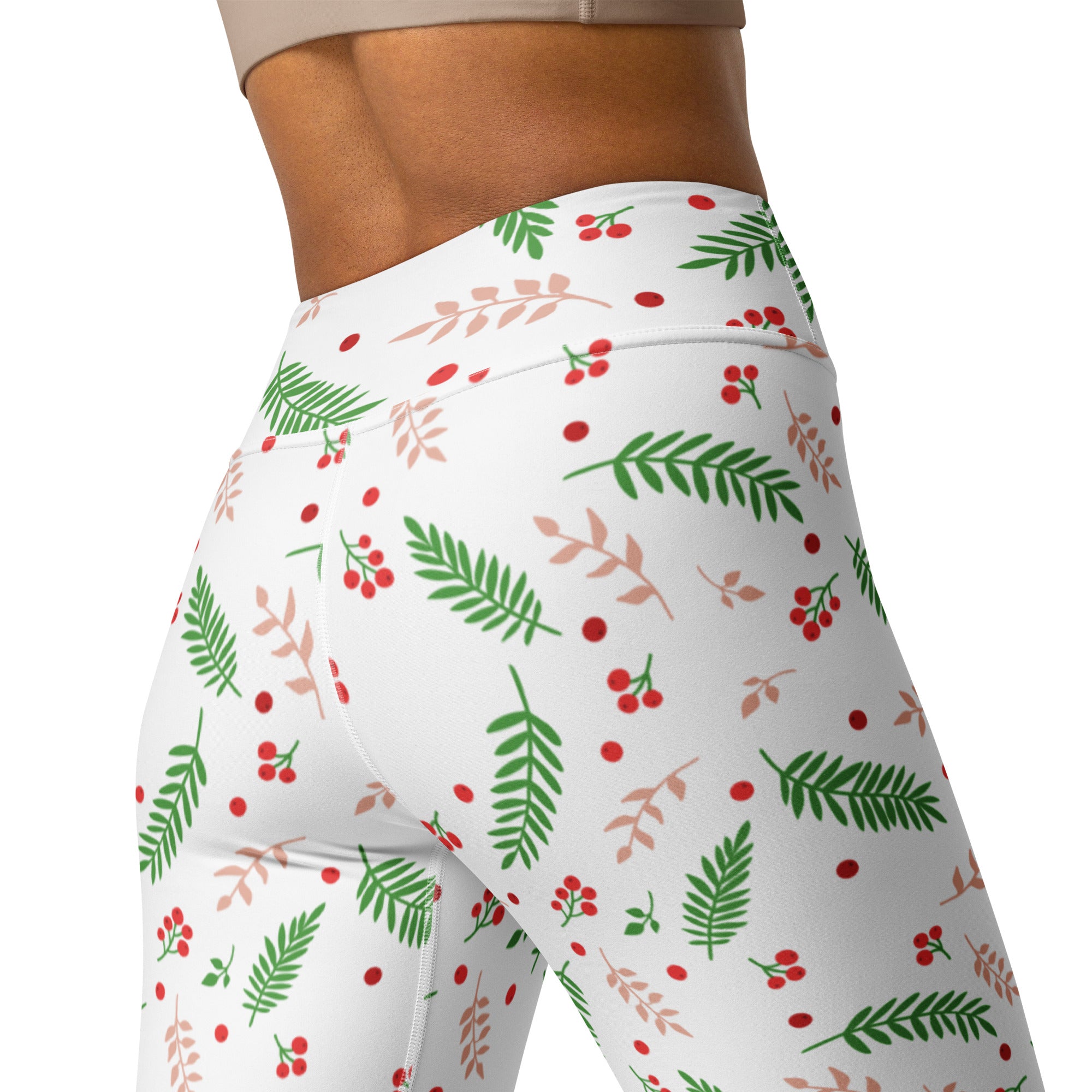 White buttery soft leggings with green ferns pink leaves and red berries festive pattern for women winter yoga