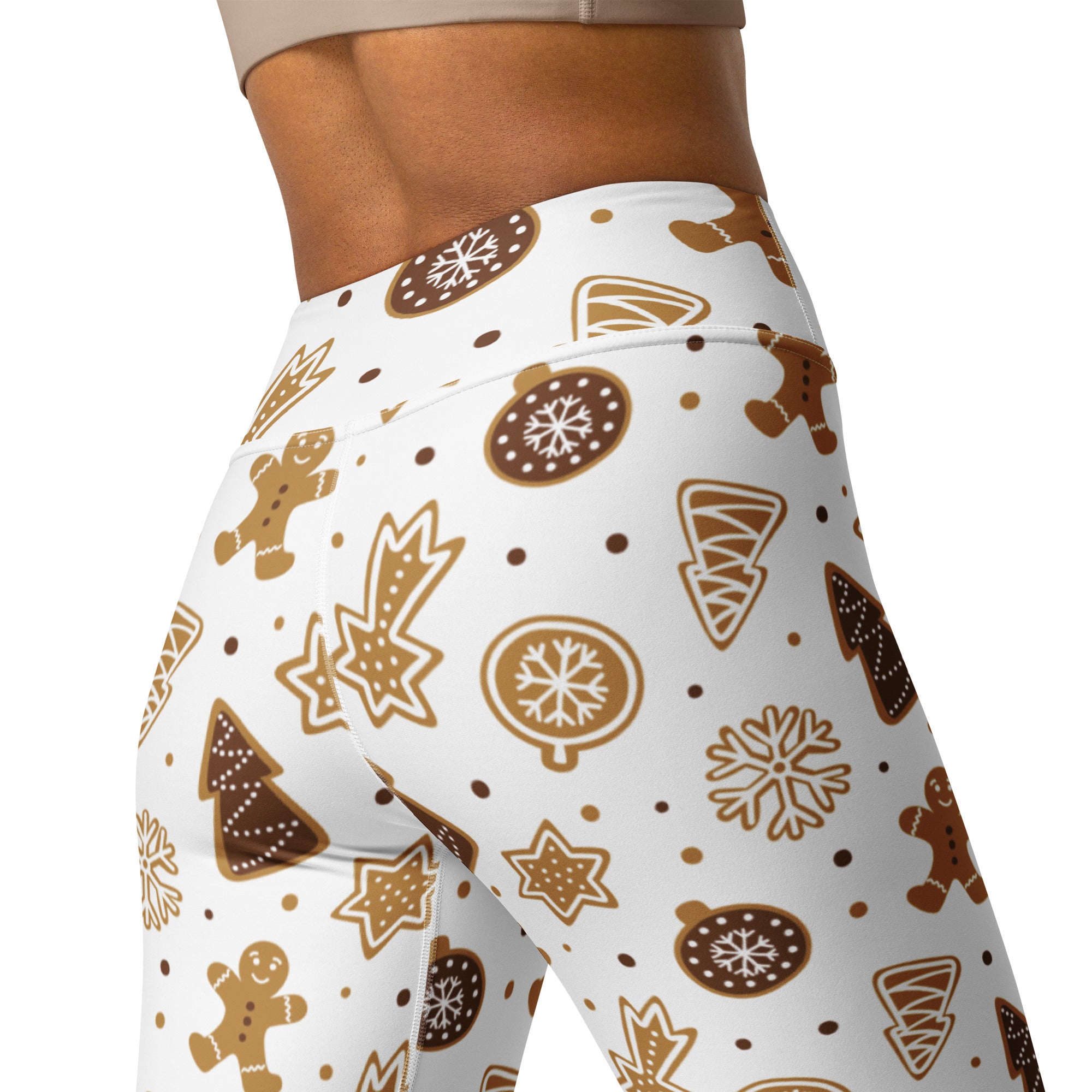White high waisted buttery soft yoga leggings with festive gingerbread cookies snowflakes and christmas trees pattern