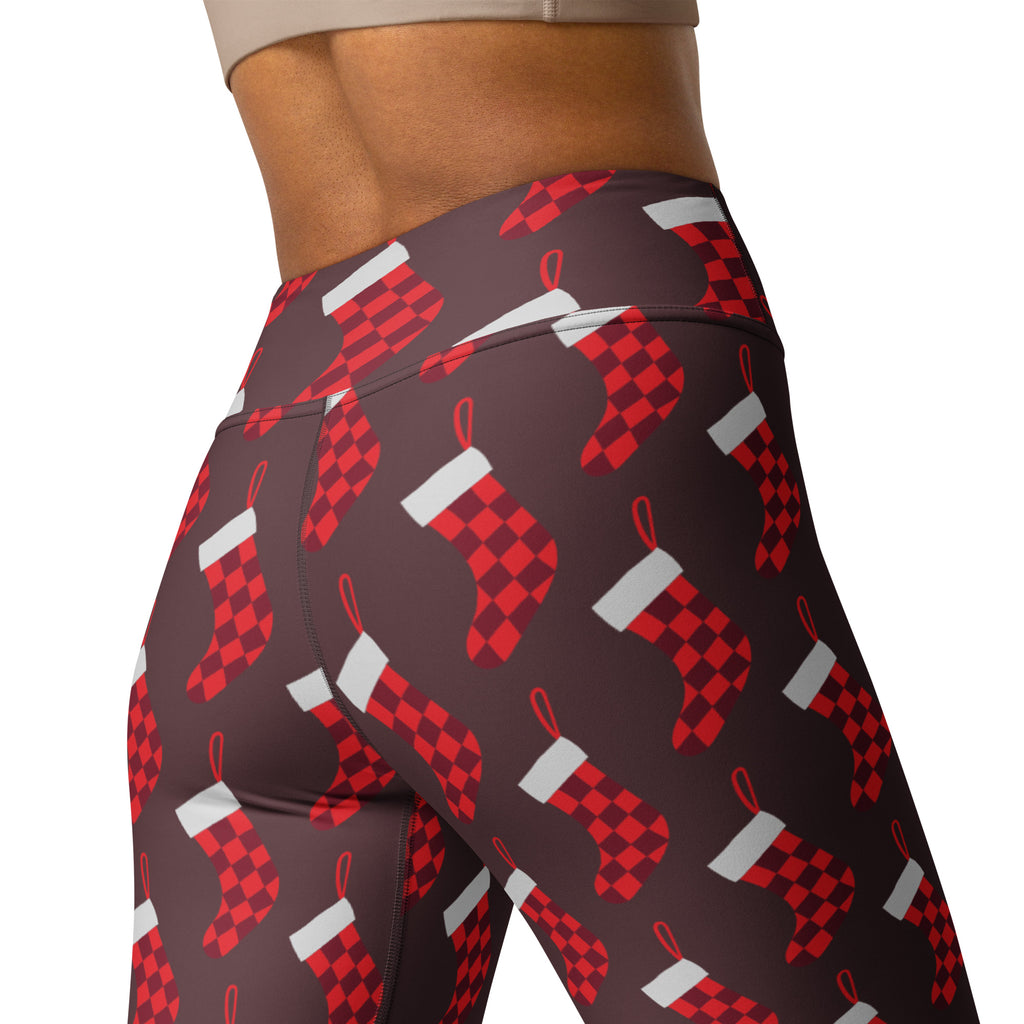 Women’s buttery soft yoga leggings with red and white checkered Christmas stocking pattern and high waistband
