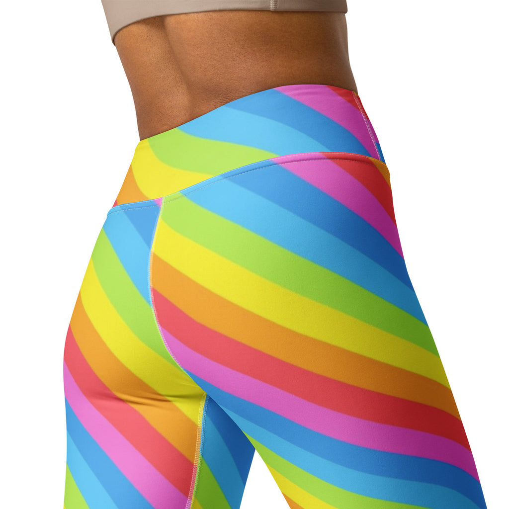 Women’s rainbow stripe high waisted buttery soft yoga leggings with quick drying fabric and form fitting design
