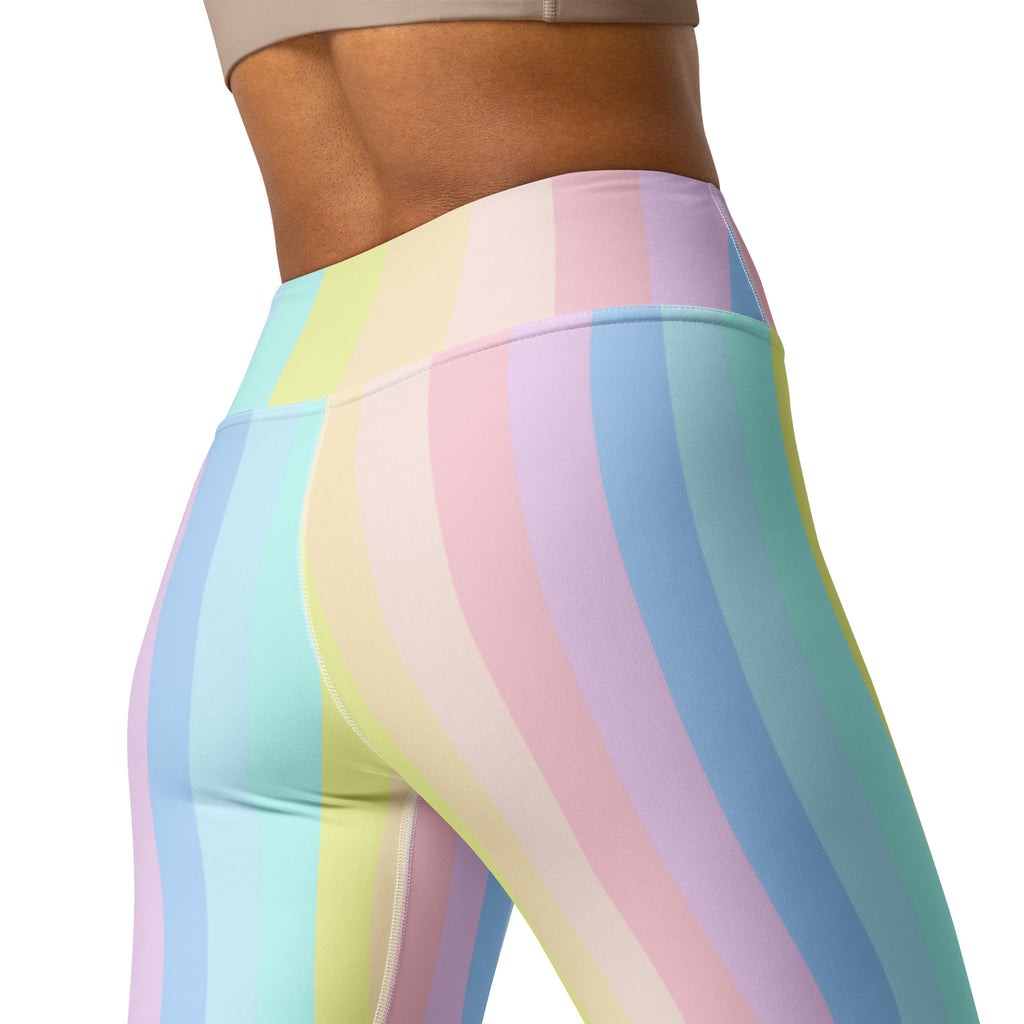 Women’s pastel rainbow stripe high waisted buttery soft yoga leggings designed for quick drying and comfort