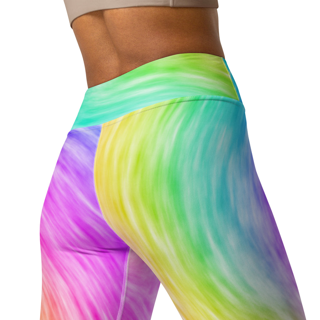 Rainbow swirl high waisted seamless leggings made of buttery soft quick drying fabric for women’s yoga comfort