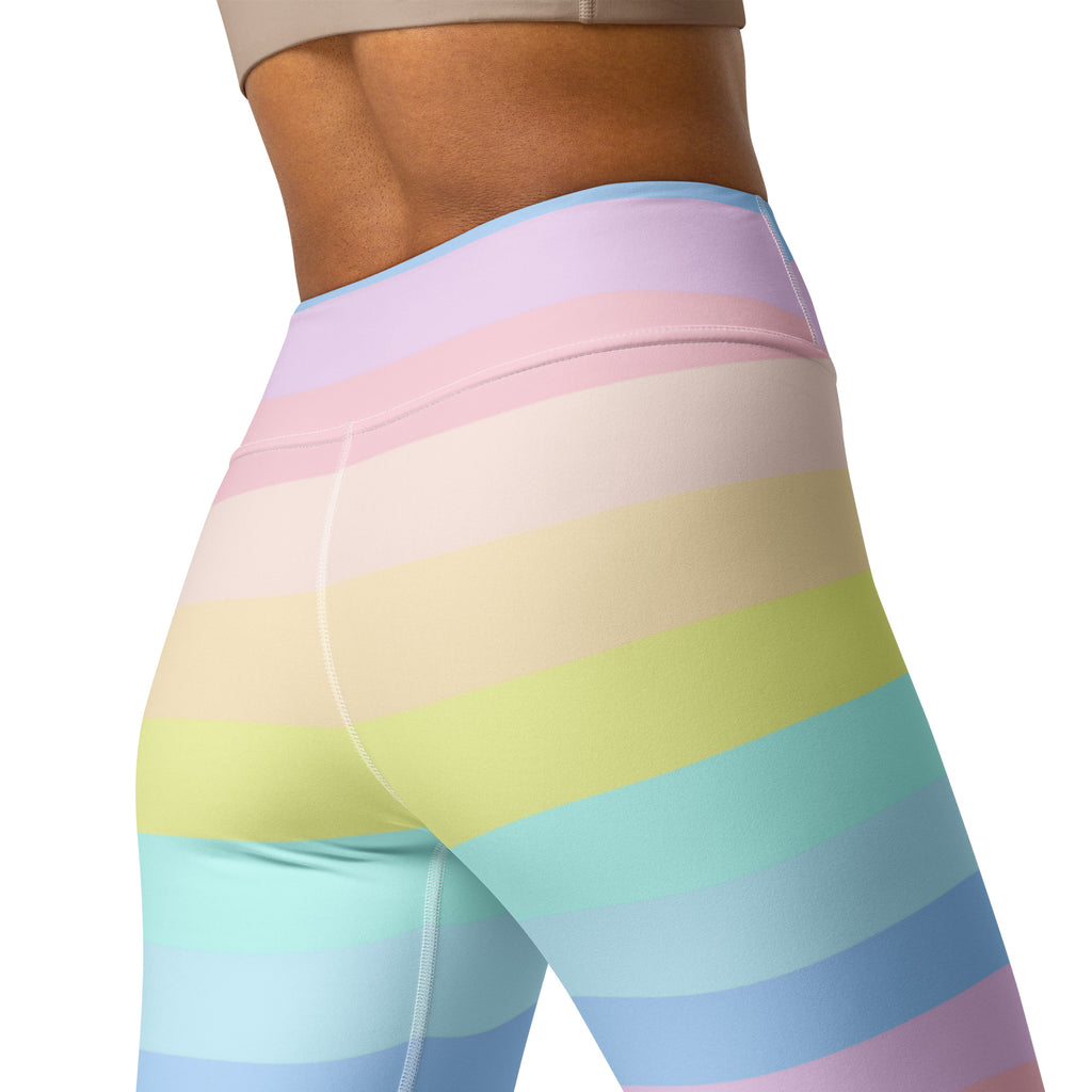 Women’s pastel rainbow stripe high waisted yoga leggings made of buttery soft, quick drying, stretchy fabric