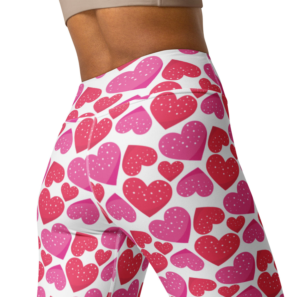 White high waisted buttery soft yoga leggings with pink and red heart pattern and white polka dots, quick drying