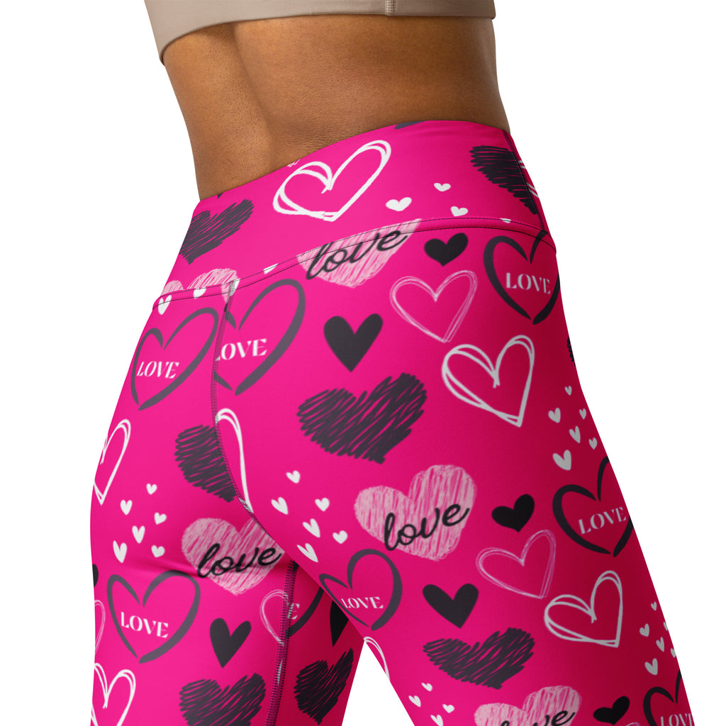 Women’s hot pink high waisted buttery soft yoga leggings with black white pink heart pattern and love print