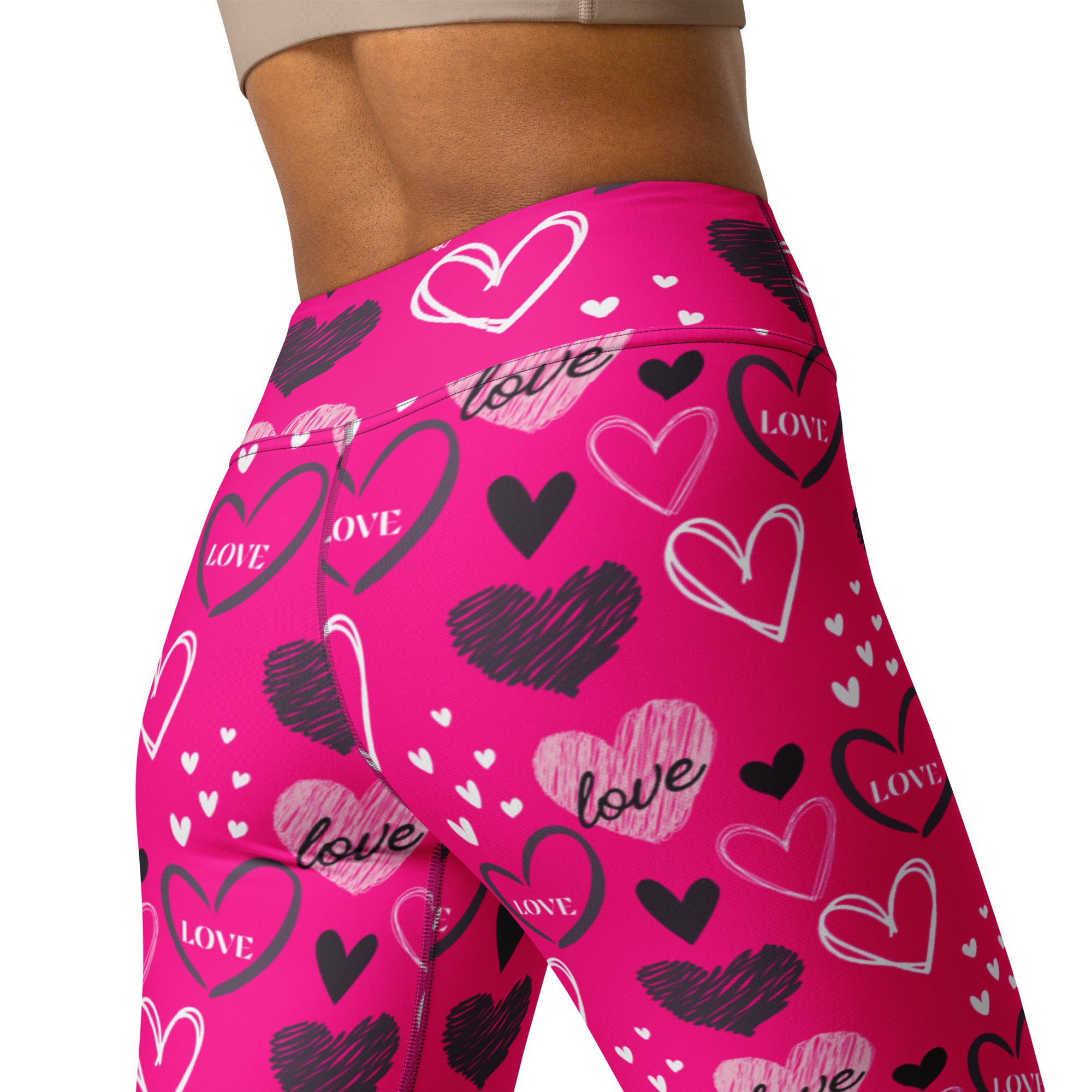 Women’s hot pink high waisted buttery soft yoga leggings with black white pink heart pattern and love print