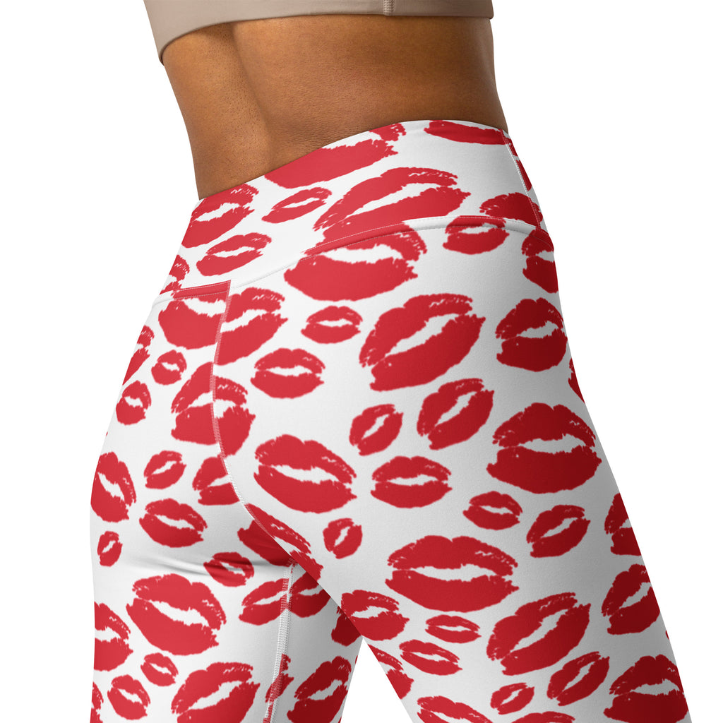 White buttery soft high waisted yoga leggings with bold red lipstick kiss print and quick drying fabric