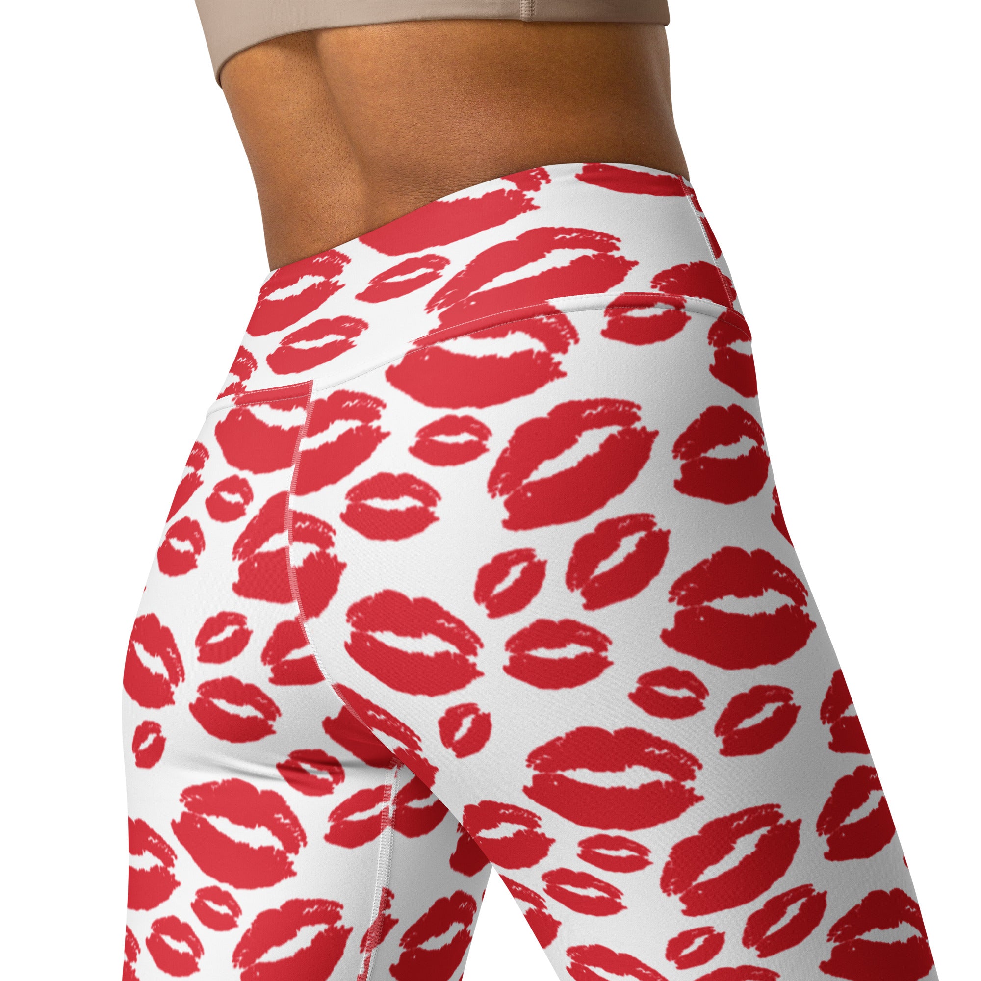 White buttery soft high waisted yoga leggings with bold red lipstick kiss print and quick drying fabric
