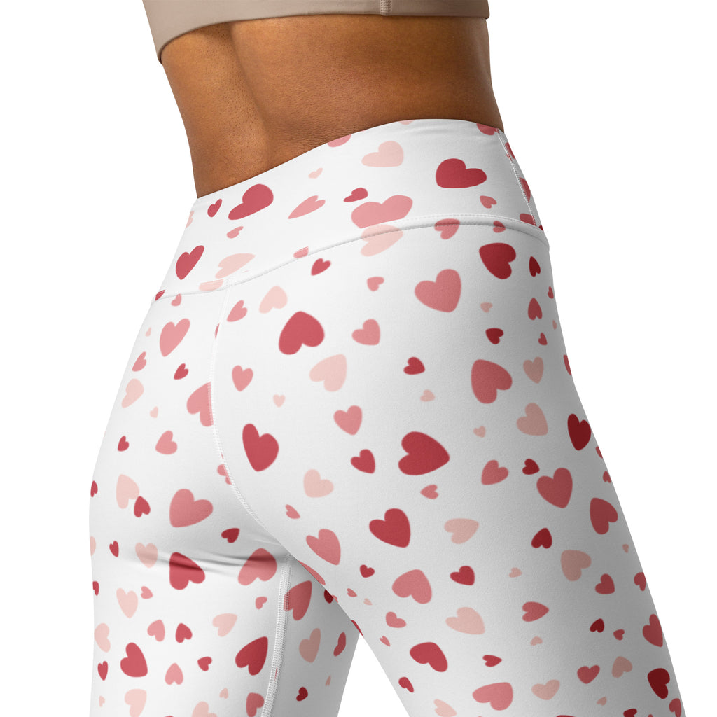Women’s white high waisted blush heart buttery soft yoga leggings with red and pink heart pattern quick drying comfort