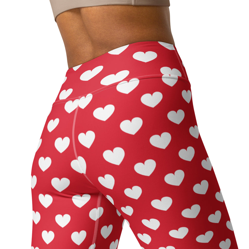 Women’s red high waisted buttery soft yoga leggings with white heart pattern quick drying comfort