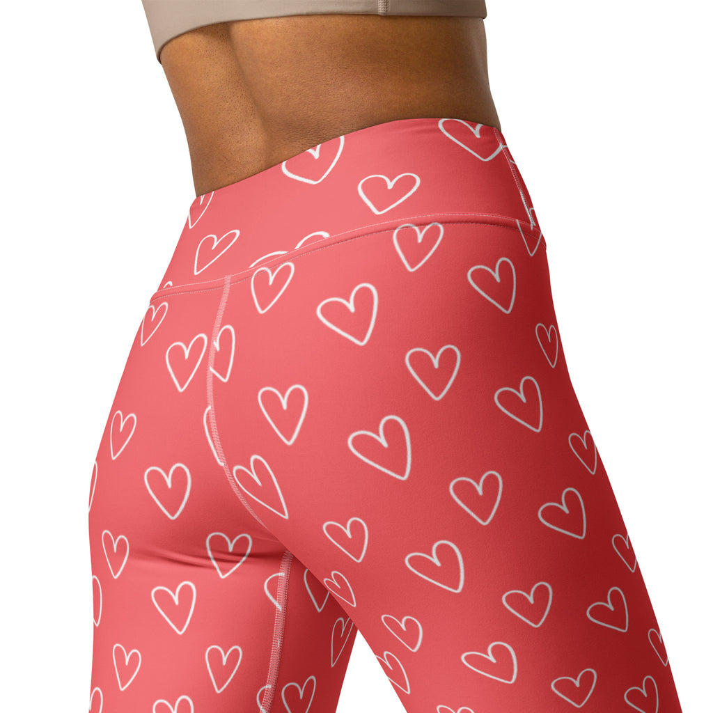 Women’s pink high waisted leggings with white heart pattern buttery soft quick drying yoga leggings
