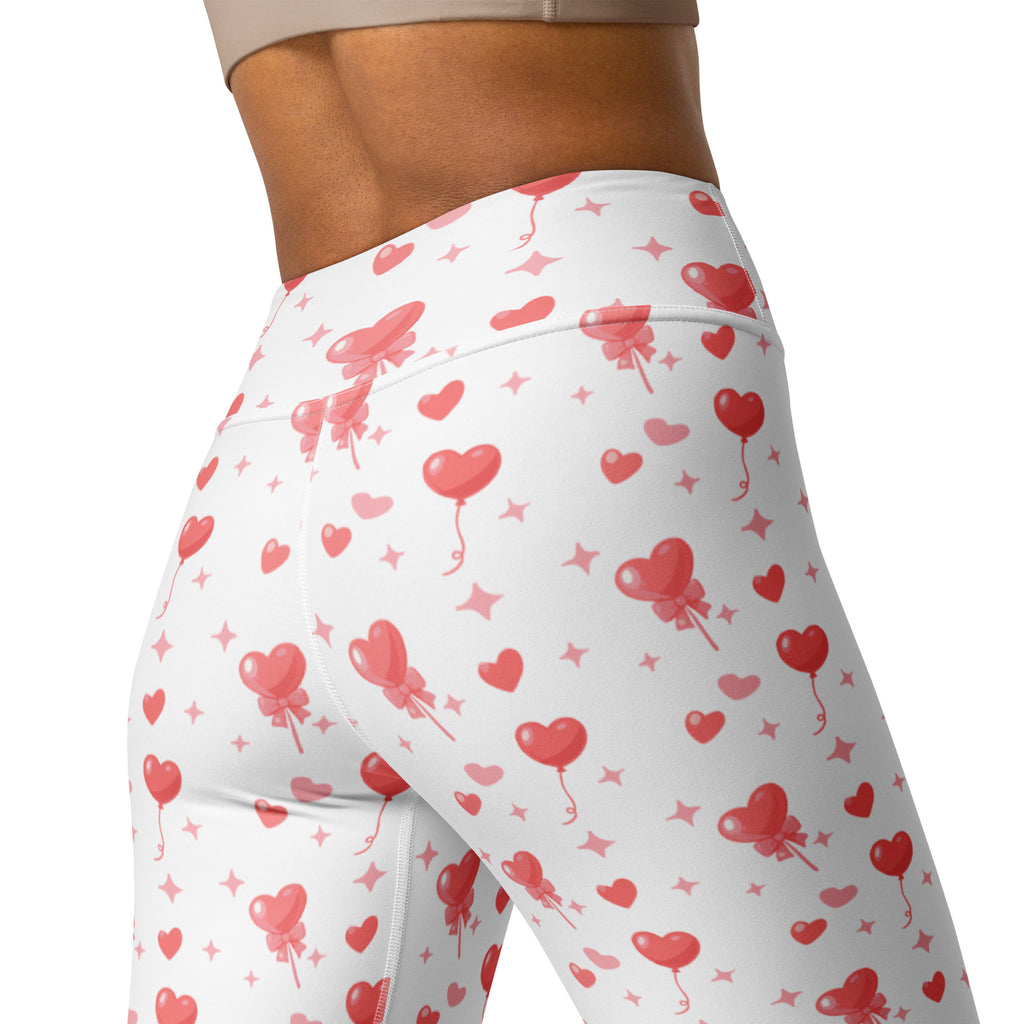 White high waisted buttery soft yoga leggings with red heart balloons and pink stars quick drying comfort