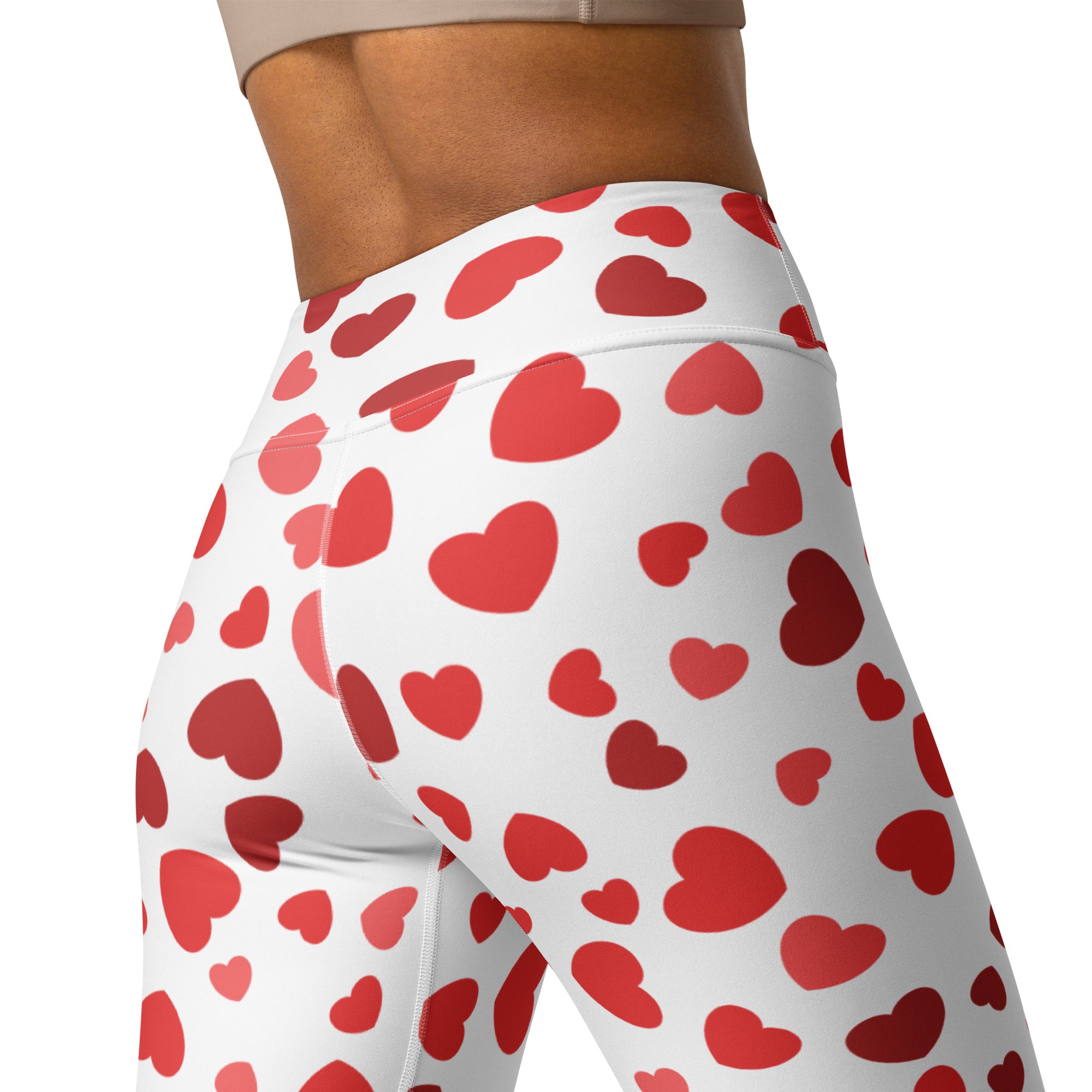 Women’s white high waisted buttery soft yoga leggings with red heart pattern quick drying comfort