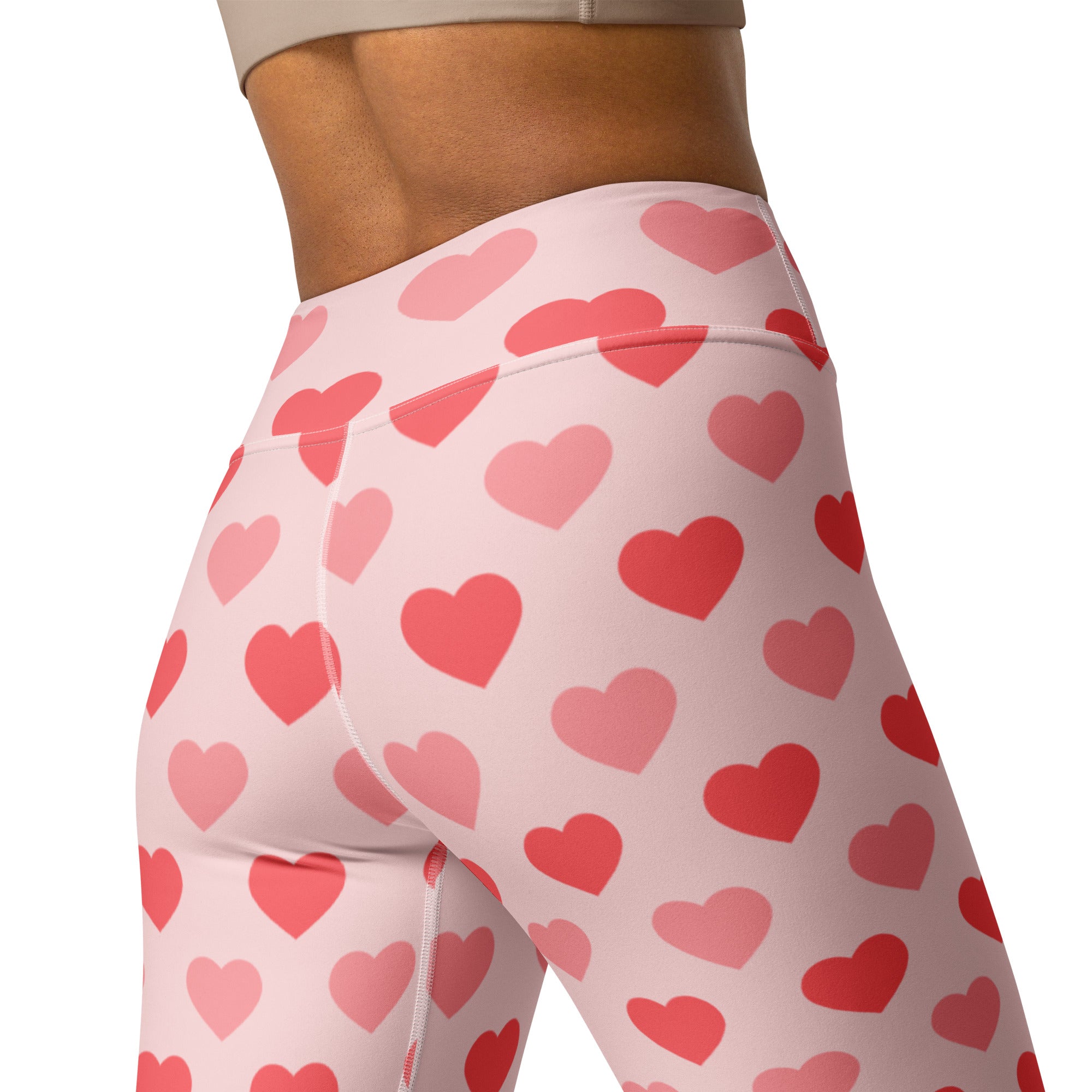 Women’s pink and red heart high waisted buttery soft yoga leggings with quick drying fabric for valentine’s day