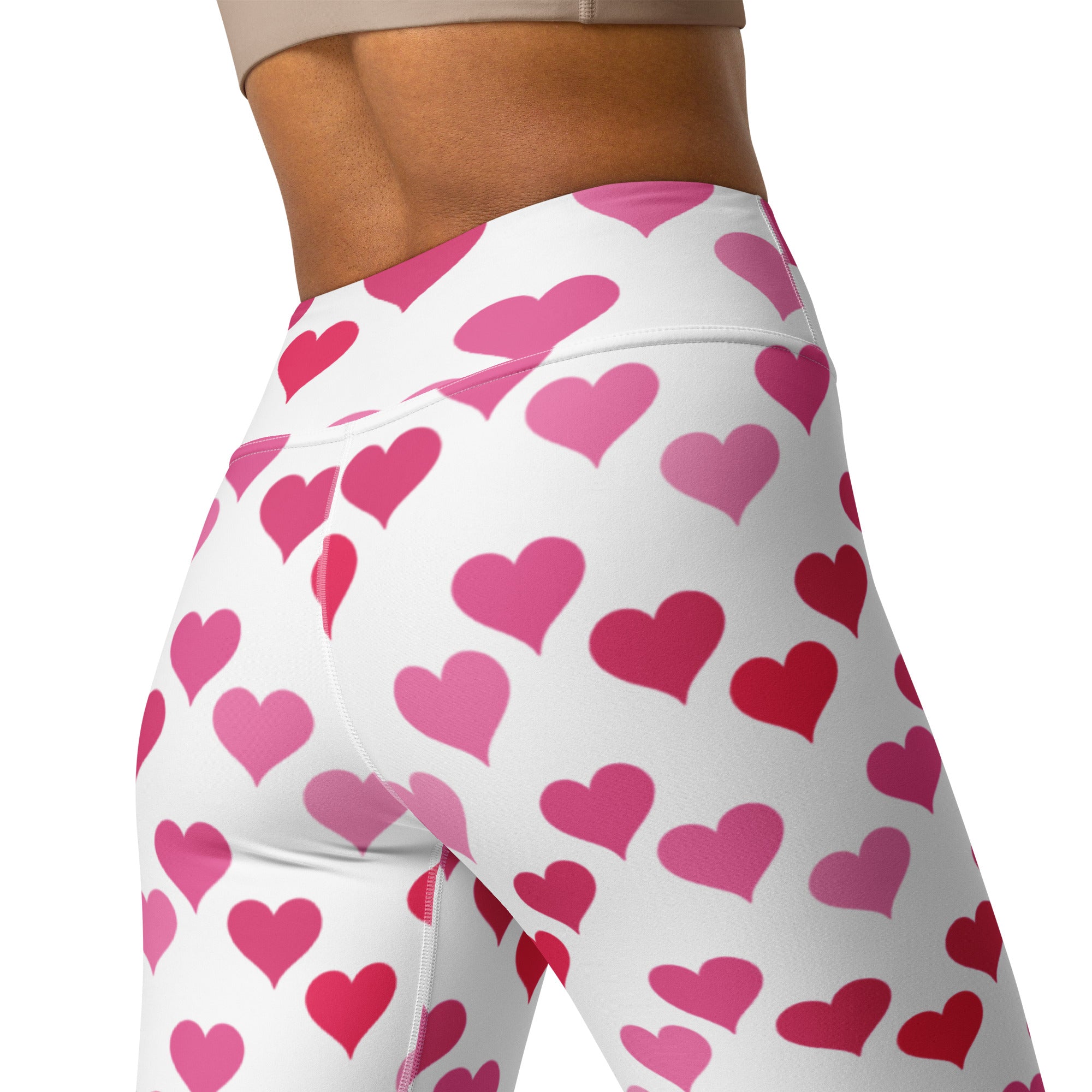 White leggings with a pink and red heart pattern buttery soft high waisted quick drying yoga leggings for women