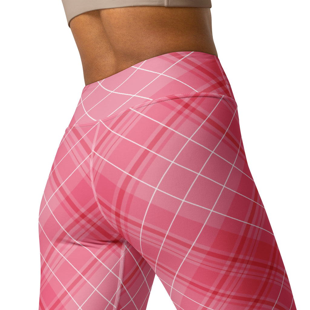 Women’s pink plaid high waisted buttery soft yoga leggings with white grid lines and quick drying fabric