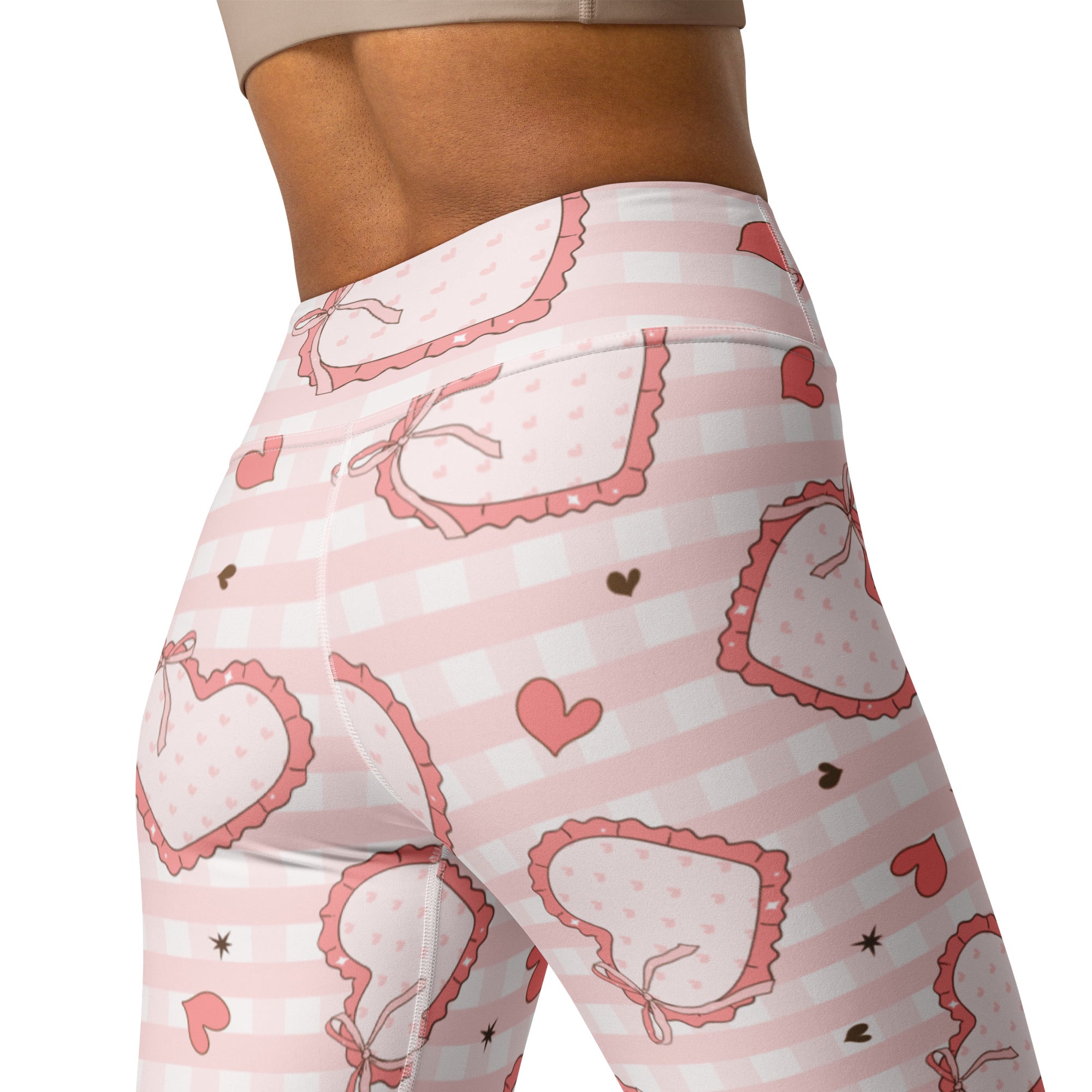 Women’s pink bow heart plaid buttery soft yoga leggings with pink and white gingham and heart apron design