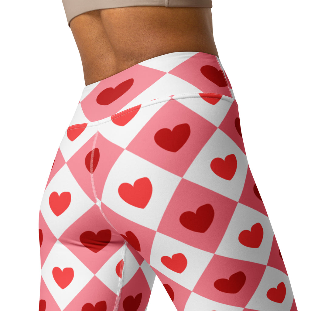 Women’s pink and white diamond heart buttery soft yoga leggings with quick drying fabric and high waisted comfort