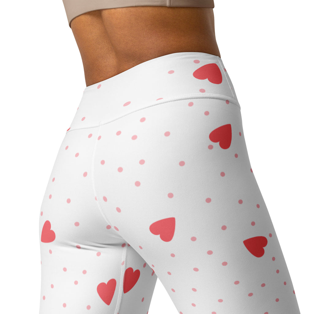 White high-waisted buttery soft yoga leggings with red hearts and pink polka dots quick drying comfort