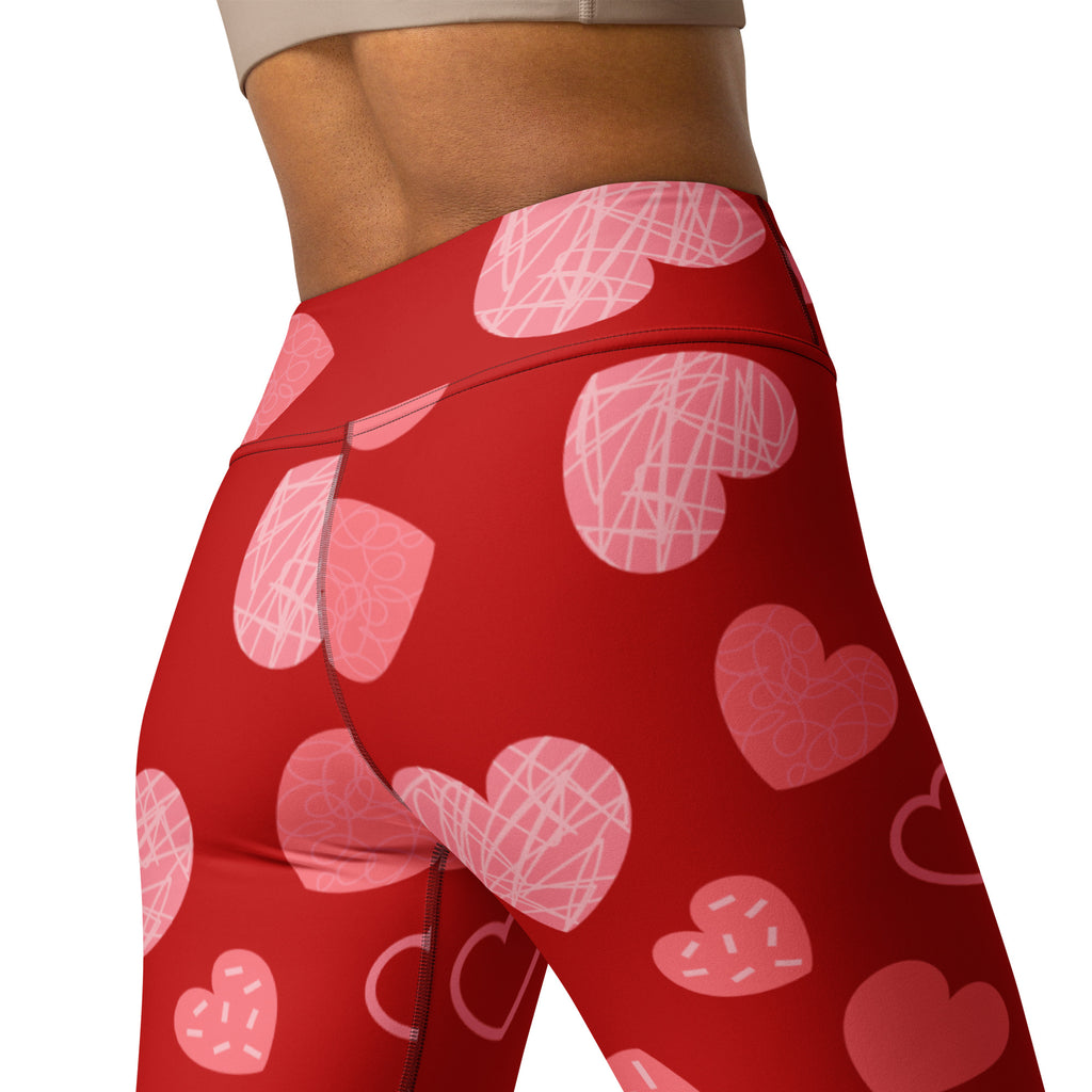 Women’s red heart pattern buttery soft high waisted yoga leggings with pink and white sketch style hearts