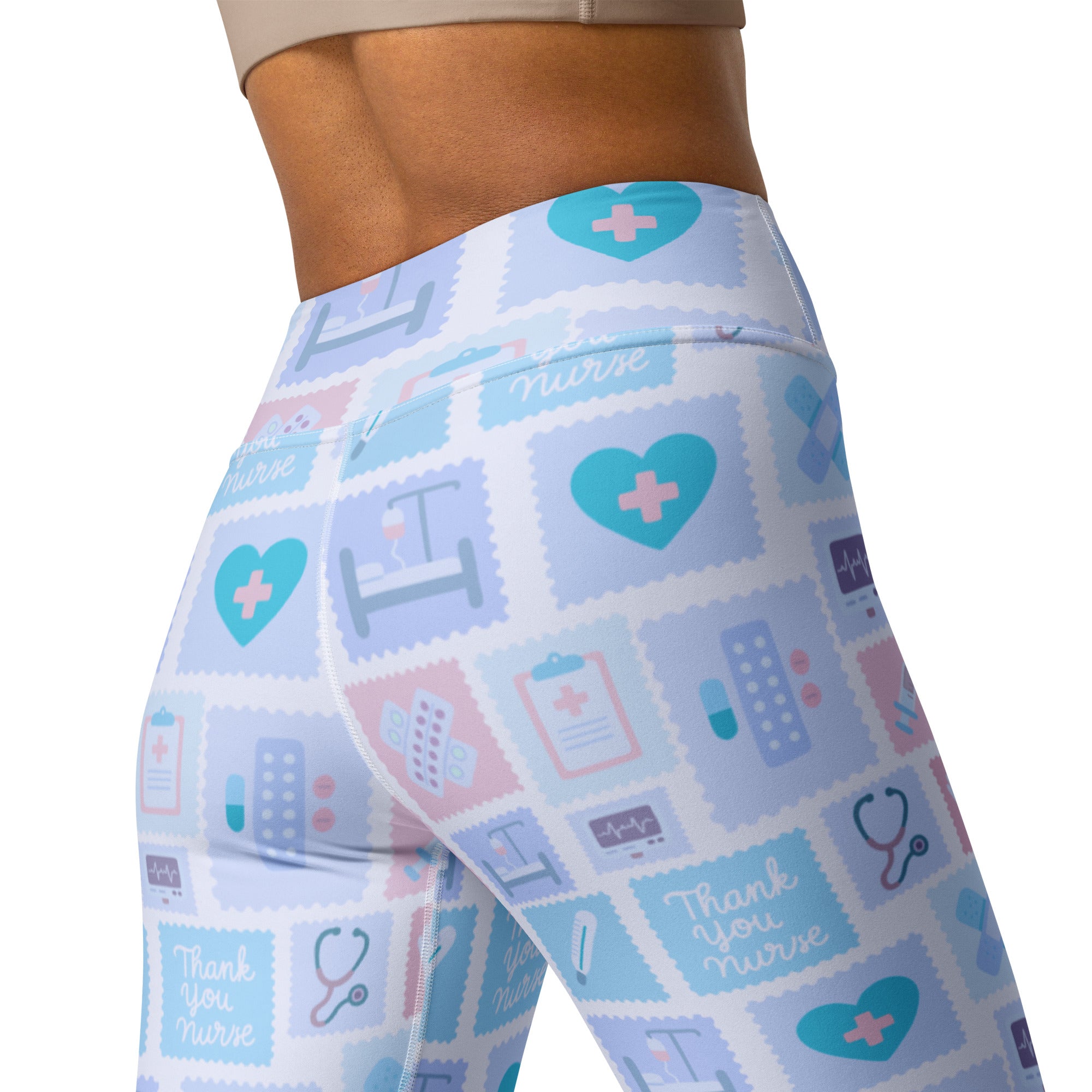 Women’s light blue and pink high waisted buttery soft yoga leggings with medical heart stethoscope nurse designs