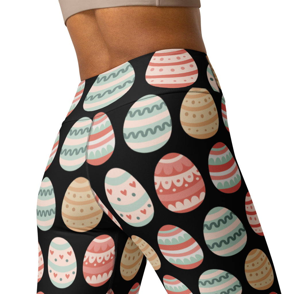 Women’s pastel easter egg buttery soft black high waisted leggings with colorful playful egg patterns for yoga