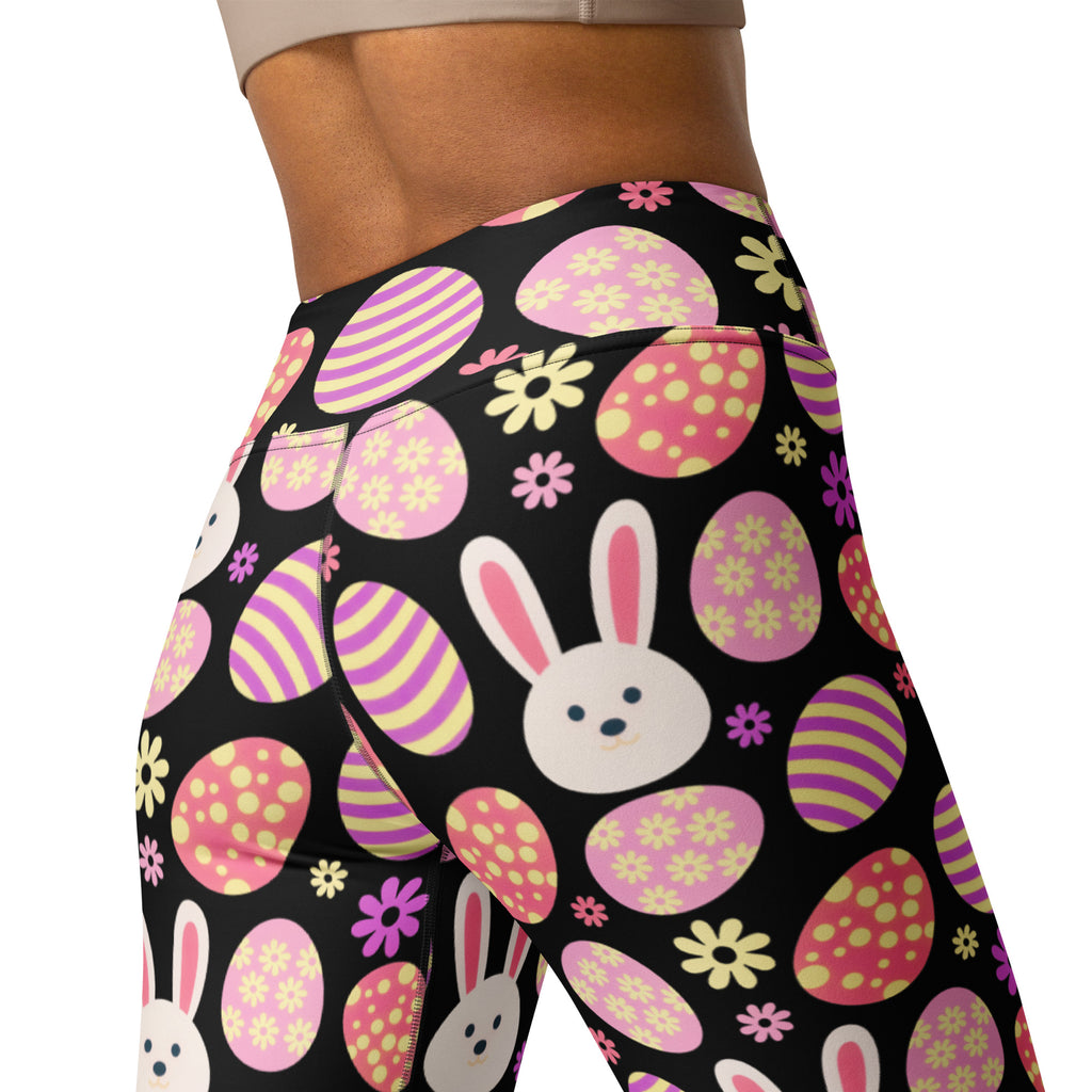 Women’s black high waisted buttery soft yoga leggings with easter bunny and colorful egg patterns for quick drying comfort