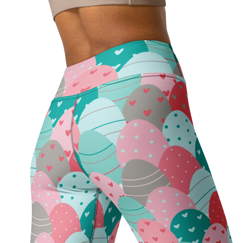 High-waisted buttery soft yoga leggings with pastel pink teal easter eggs and heart accents quick drying comfort