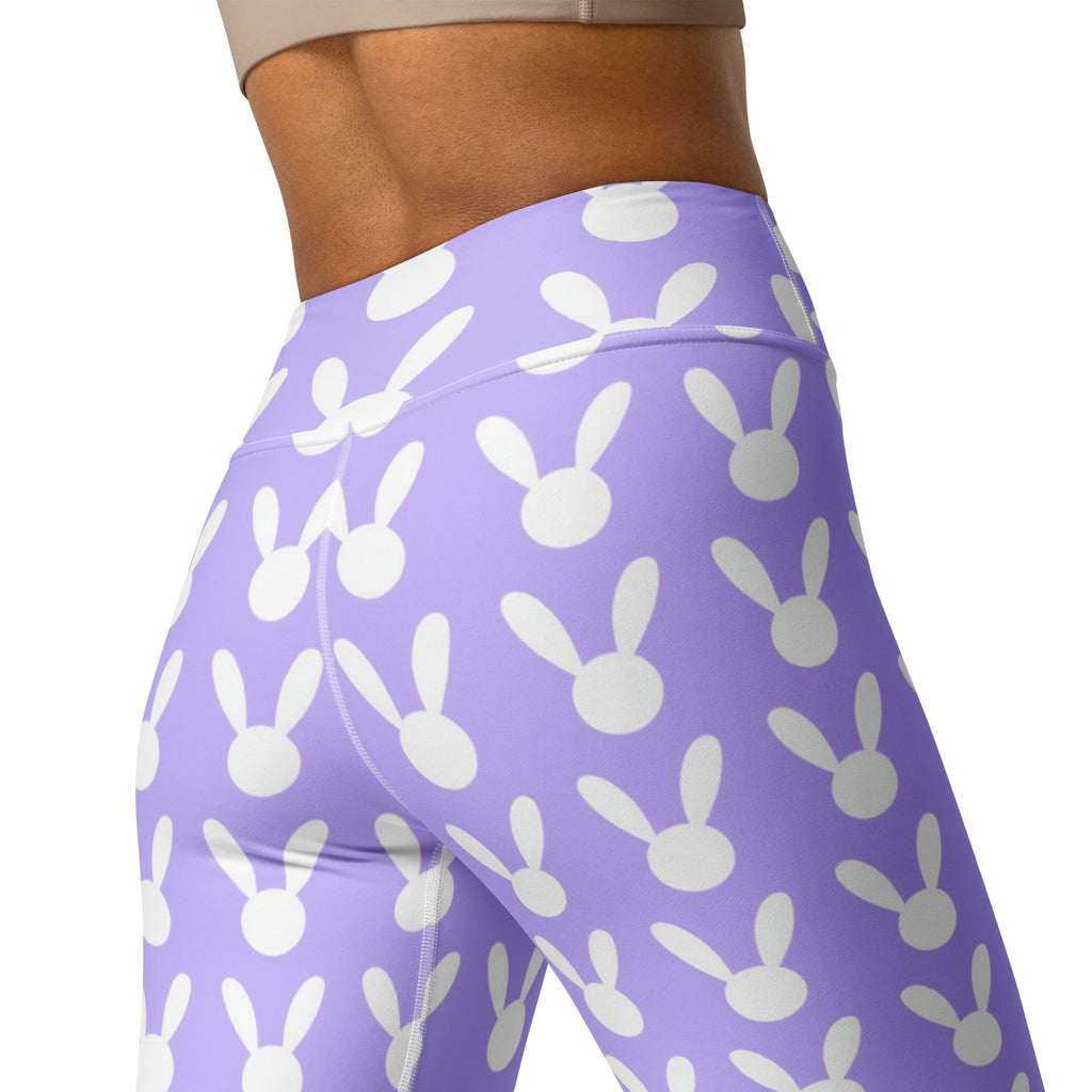 Women’s lavender bunny print buttery soft high waisted yoga leggings with white bunny silhouettes and quick drying fabric