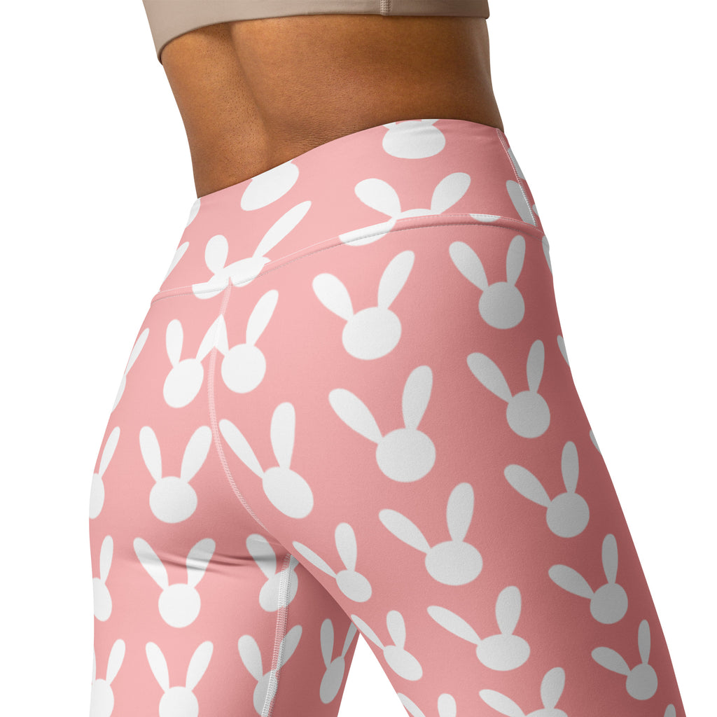 Women’s pink high waisted bunny print buttery soft quick drying yoga leggings with white bunny silhouettes