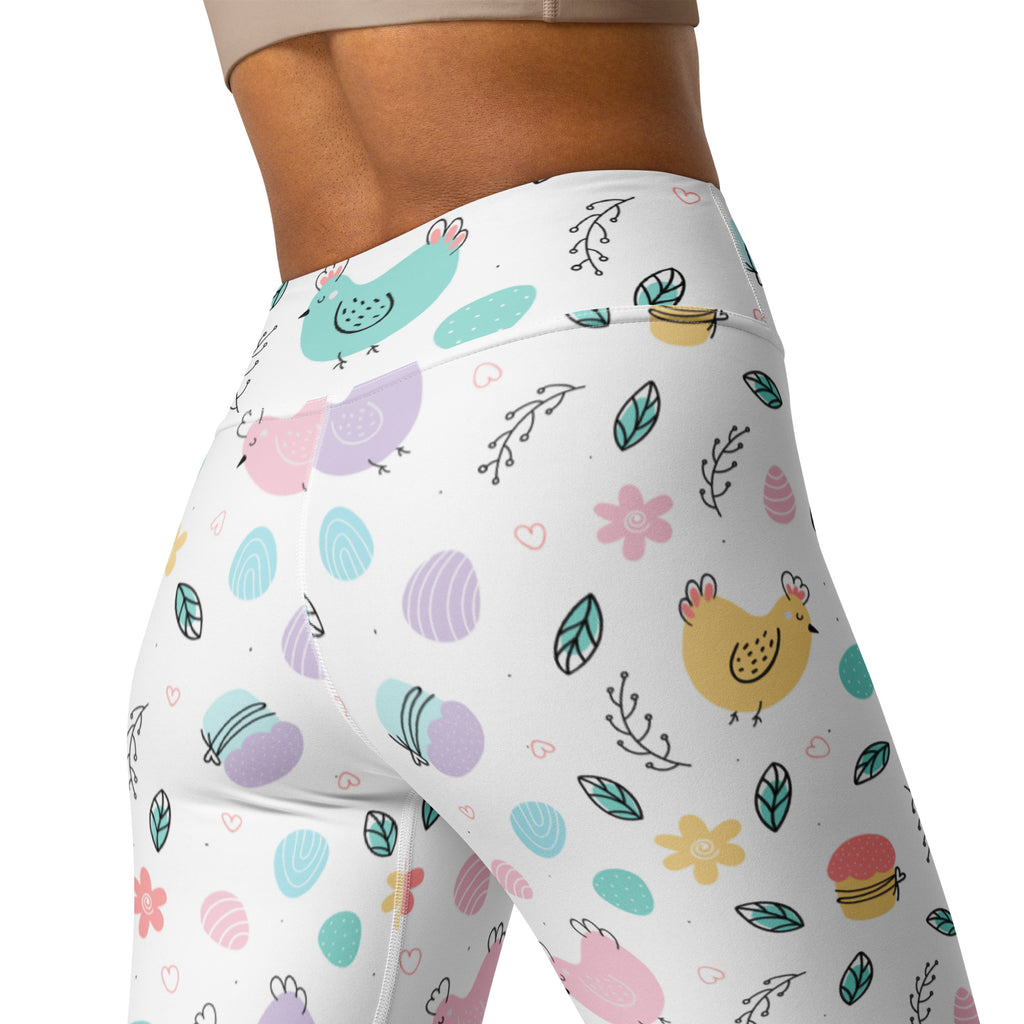 White high waisted buttery soft yoga leggings with pastel chick and easter egg pattern for quick drying comfort
