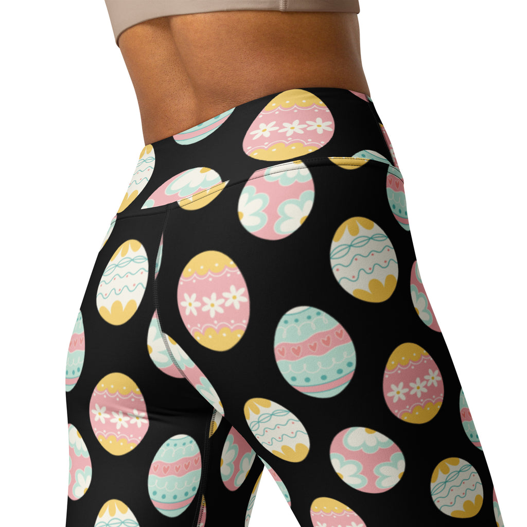 Black high waisted buttery soft yoga leggings with pastel easter egg patterns for quick drying comfort
