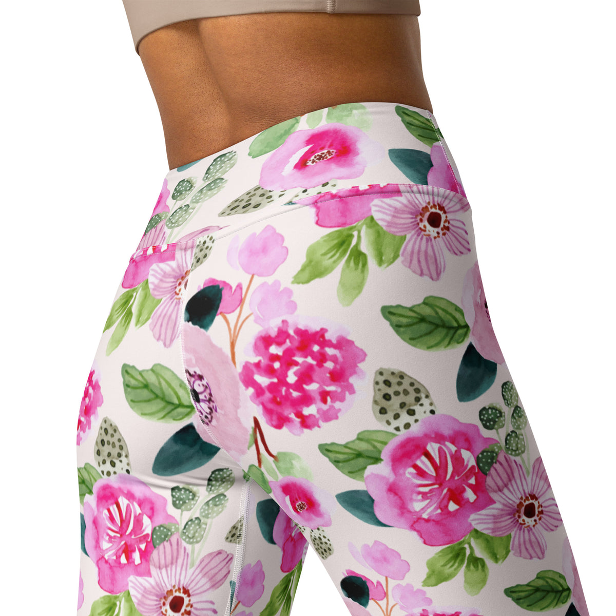 Women's Pink Watercolor Floral Buttery Soft Yoga Leggings - Quick Drying, High Waisted Comfort