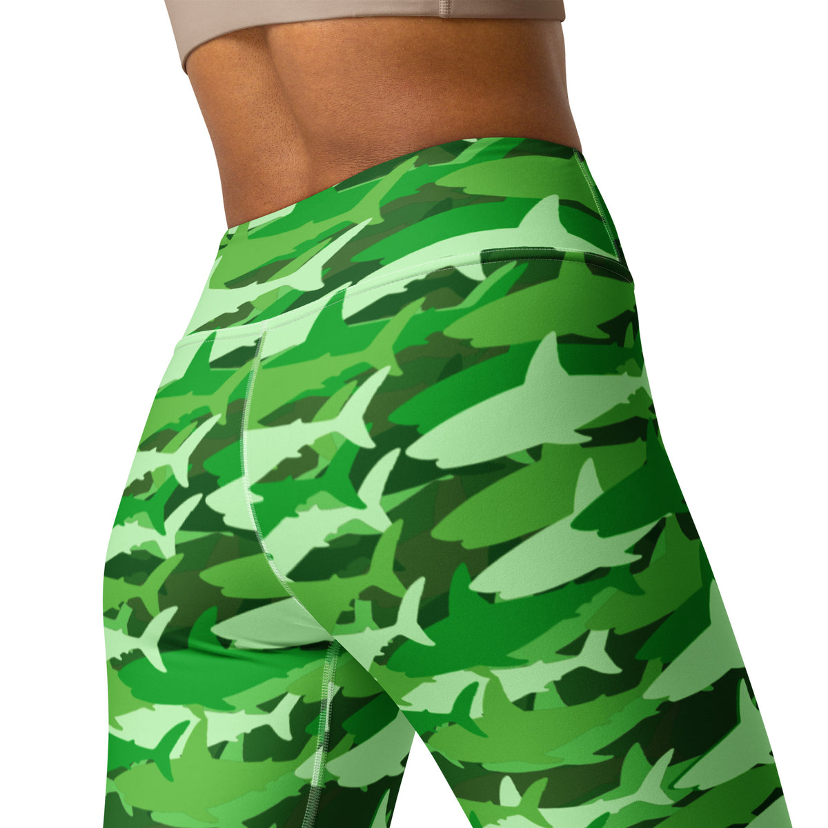 Women's Green Shark Camouflage Buttery Soft Yoga Leggings - Quick Drying, High Waisted Comfort