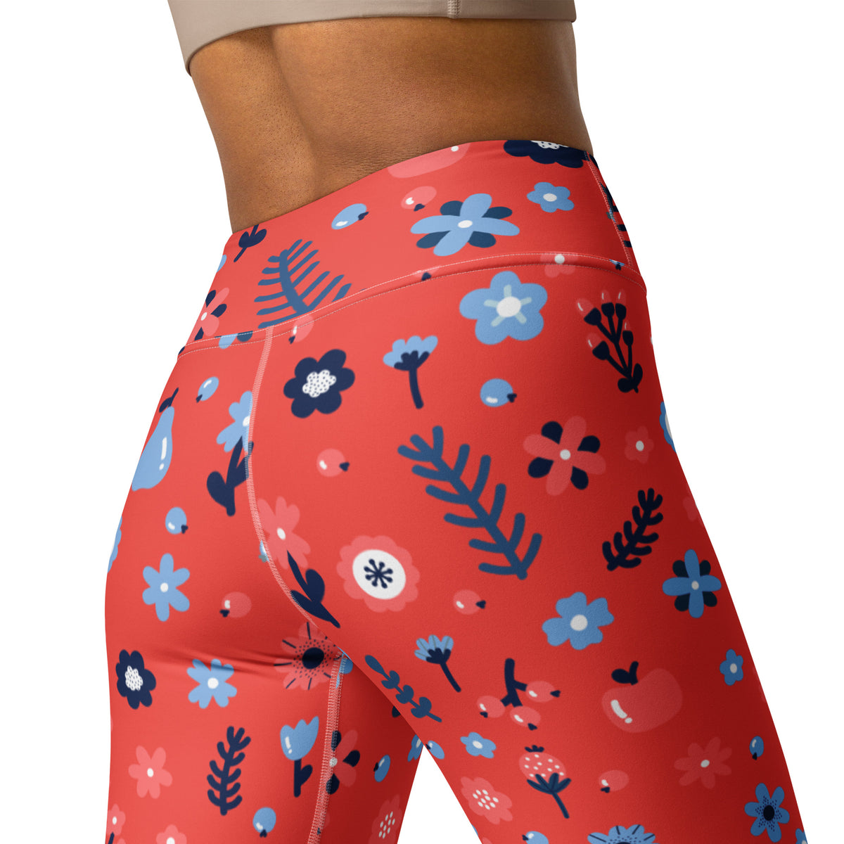 Women's Red Floral Buttery Soft Yoga Leggings - Quick Drying, High Waisted Comfort