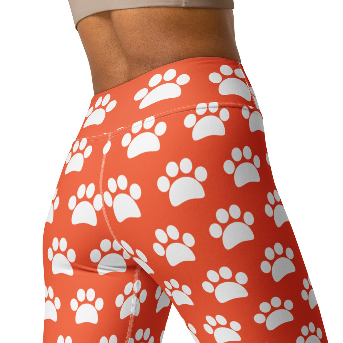 Women's Bright Orange Paw Print Buttery Soft Yoga Leggings - Quick Drying, High Waisted Comfort
