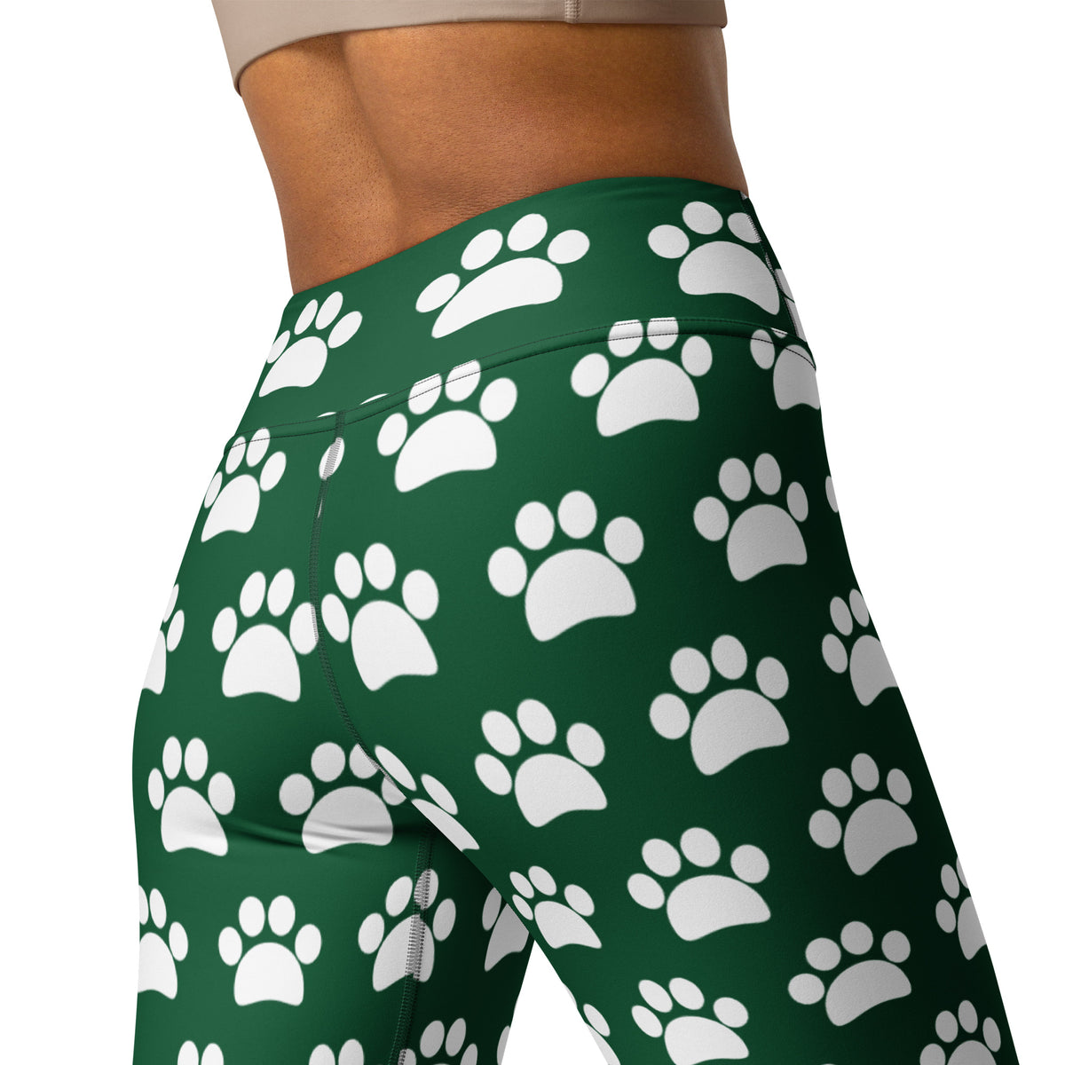 Women's Forest Green Paw Print Buttery Soft Yoga Leggings - Quick Drying, High Waisted Comfort
