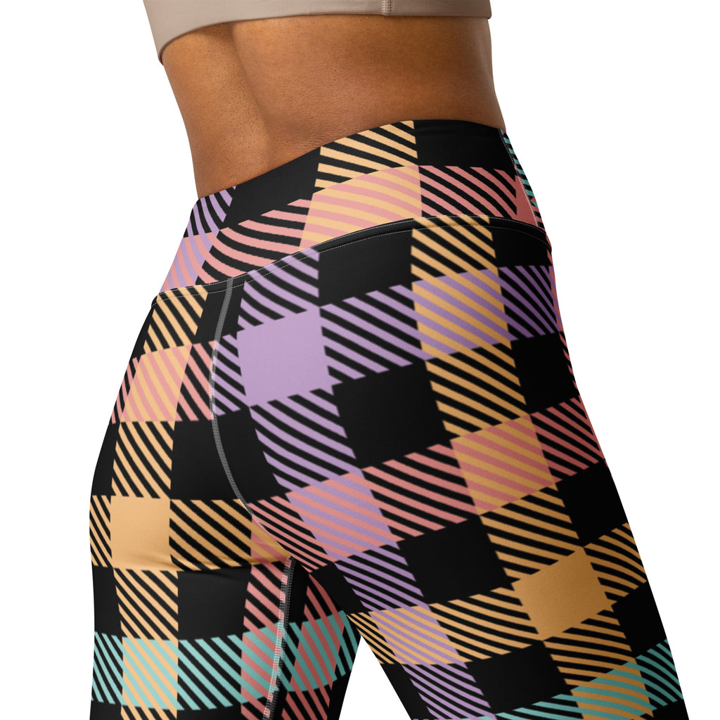 Women's Colorful Black Pastel Plaid Buttery Soft Yoga Leggings - Quick Drying, High Waisted Comfort