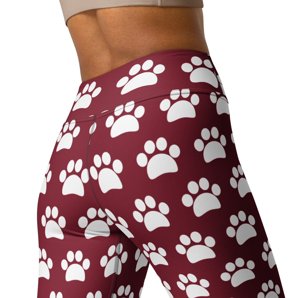 Women's Burgundy Paw Print Buttery Soft Yoga Leggings - Quick Drying, High Waisted Comfort