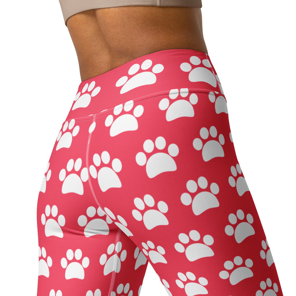 Women's Bright Pink Paw Print Buttery Soft Yoga Leggings - Quick Drying, High Waisted Comfort